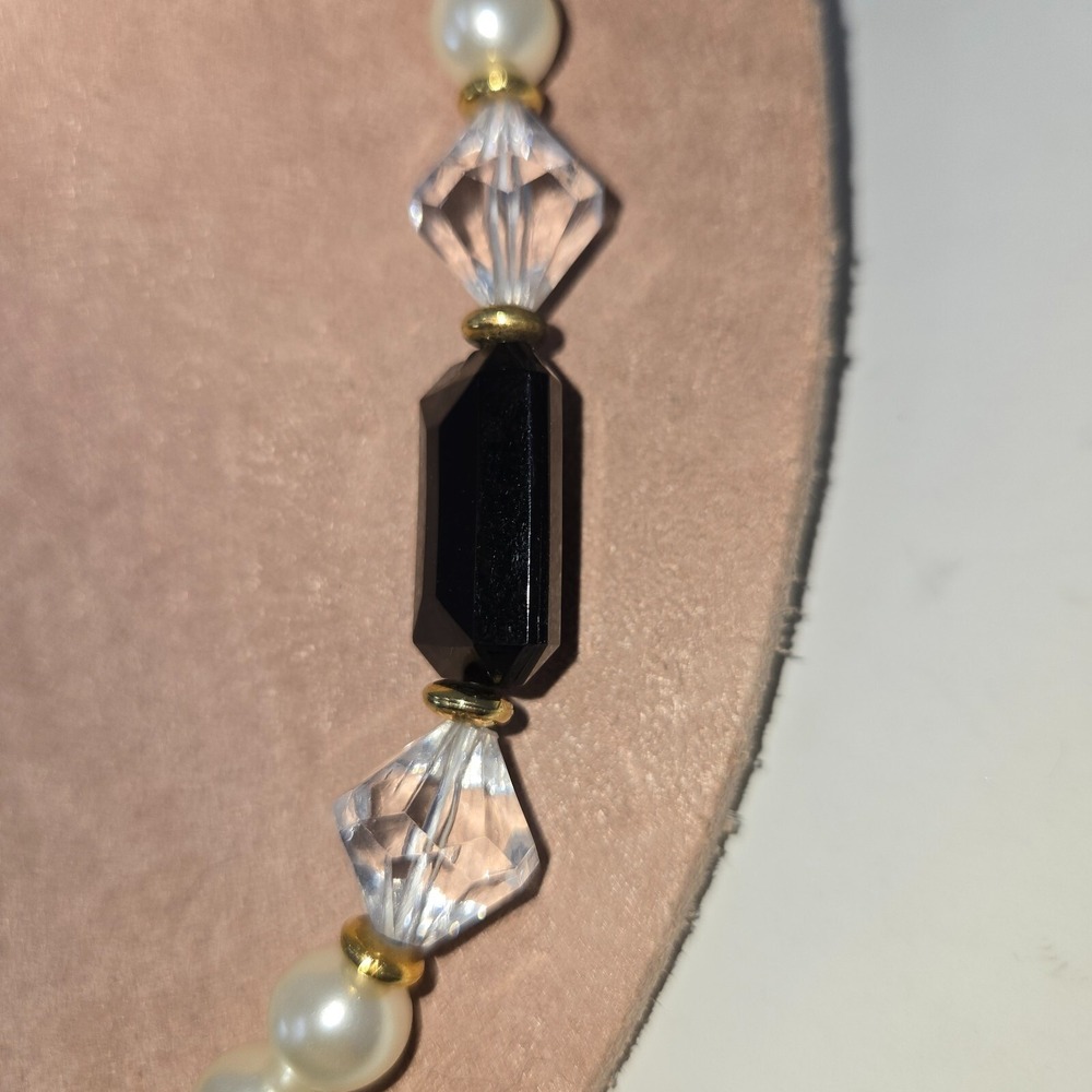 Faux Pearl Black Onyx Beaded Choker Necklace 18" Vintage Fashion Costume Jewelry - Picture 8 of 10